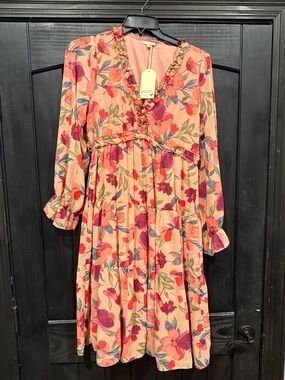 JODIFL Peach-Pink Floral Tiered V-Neck Dress